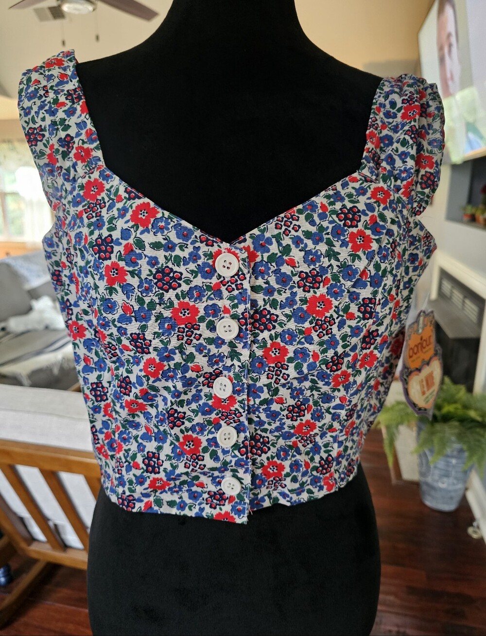 NWT Vintage 90s Cropped Floral Peasant Blouse Tank Large Red Blue Green